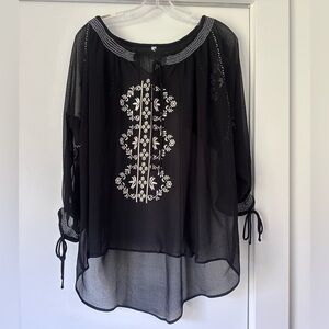 Sheer Black Embroidered Peasant Top